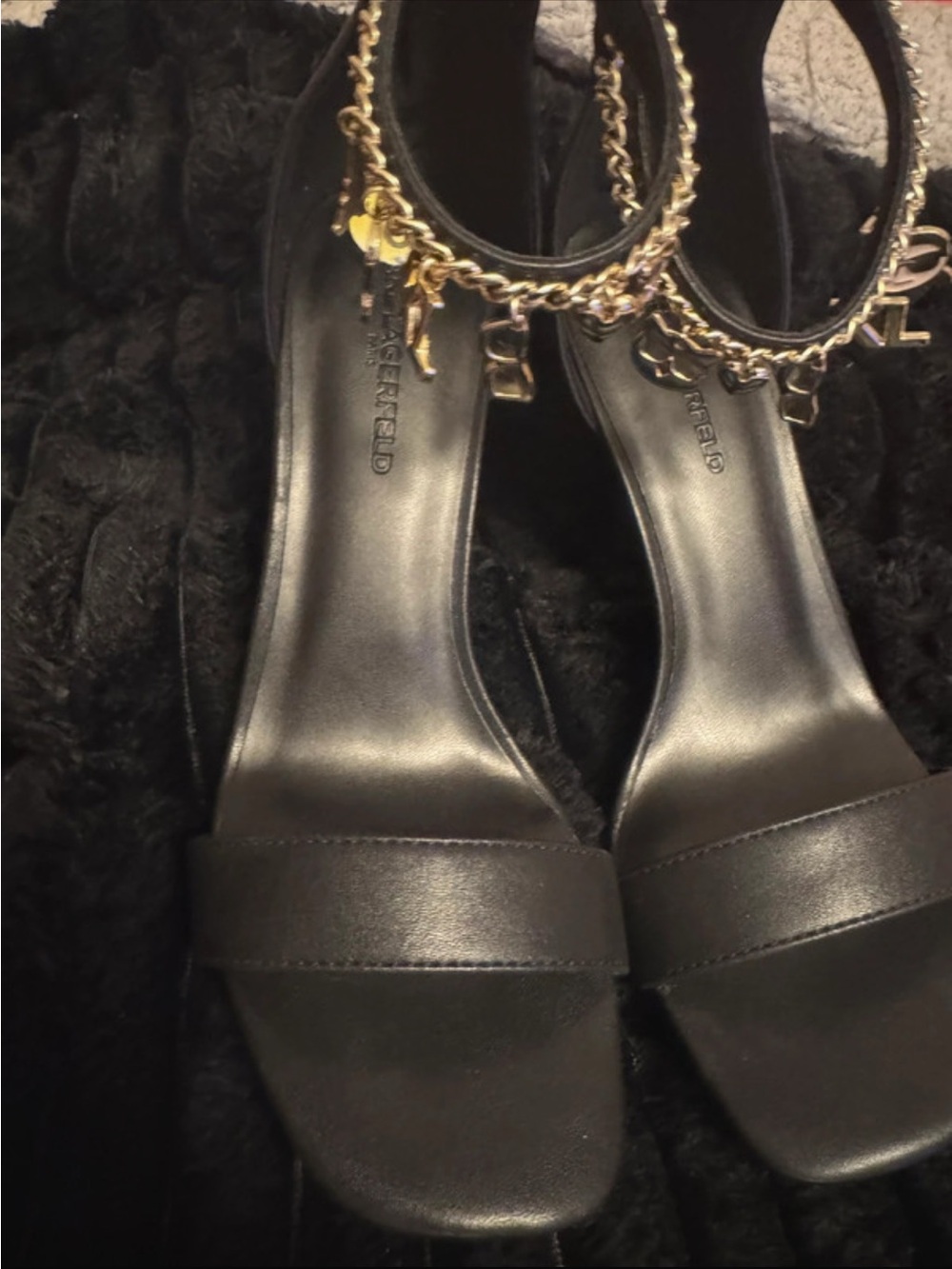 Karl Lagerfeld Black Sandals with Gold Chain Ankle Detail